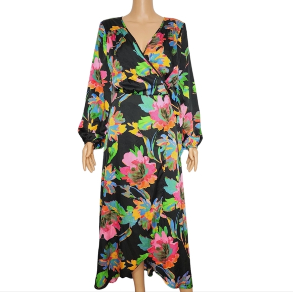 Nicole Miller jewel tone bold floral print faux wrap silk rayon dress Size‎ 10